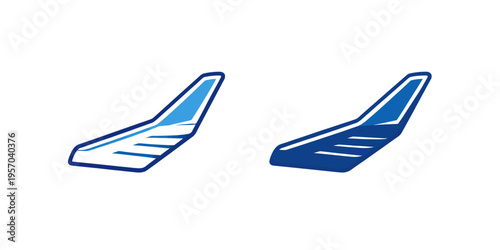 A stylized illustration of two blue and white airplane wings on a clean white background
