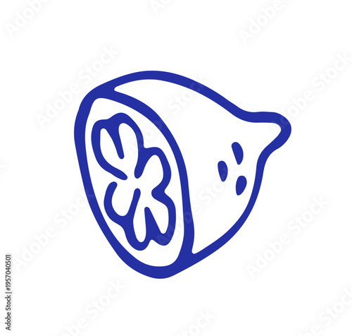 Lemon cut half, doodle sketch scribble drawing. Exotic tropical citrus fruit, food in Dolce vita handdrawn style. Outline contour ink hand-drawn vector illustration isolated on white background