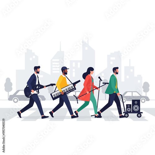 Band Crossing Street in City