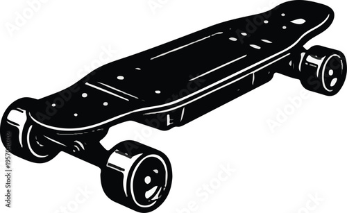 Black and White Longboard Skateboard Silhouette Vector Illustration Clip Art Icon Retro Cruiser Board