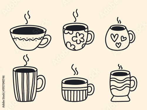 Cups of freshly brewed coffee, doodle sketch style illustration. Set of ceramic coffee mugs with hot drink and steam. Hand drawn simple outline ink icons, vector graphics