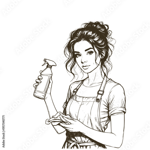A maid with a duster and dispenser, black and white sketch. Vector illustration. A housewife cleaning the house, isolated on a white background.