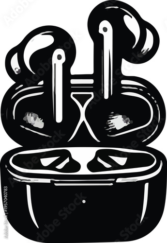 Black and White Wireless Earbuds with Charging Case Airpods Style Vector Illustration Clip Art Icon TWS Earphones