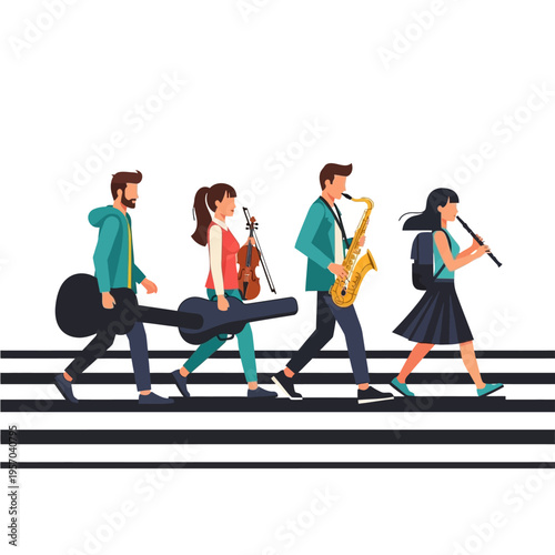 Diverse Musicians Walking Across Abbey Road Zebra Crossing with Instruments
