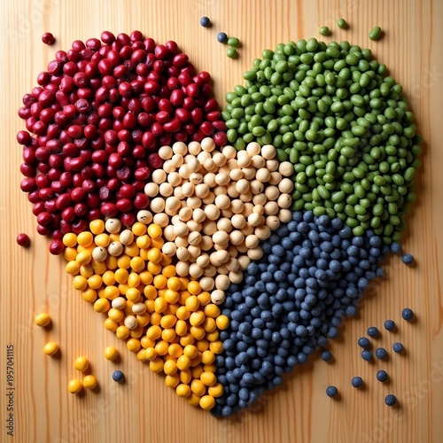 Colorful Candy Mosaic Heart on Wood Grain Background