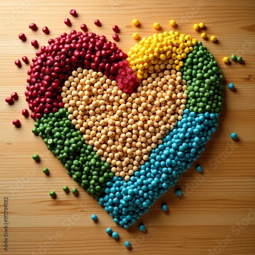 Colorful Candy Mosaic Heart on Wood Grain Background