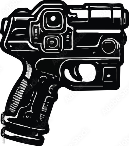 Black and White Futuristic Sci-Fi Pistol Silhouette Vector Illustration Clip Art Icon Laser Blaster Gun Weapon