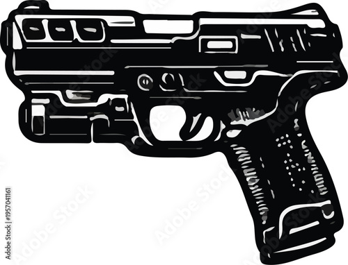 Black and White Modern Polymer Pistol with Optics Cut Silhouette Vector Illustration Clip Art Icon Tactical EDC Handgun