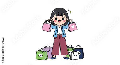 Cartoon illustration of a cheerful young girl holding two pink shopping bags standing amidst multiple colorful bags on a white background with a playful mood.