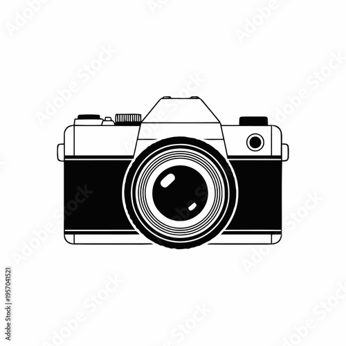 A vintage single lens reflex camera outline is presented as a black and white graphic icon with a large central lens.