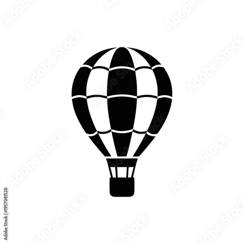 A stylized black and white illustration depicts a classic hot air balloon shape with checkered paneling and a small basket suspended below.