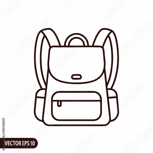 A simple black line drawing illustrates a functional backpack with shoulder straps and a front zipper pocket suitable for school or travel.