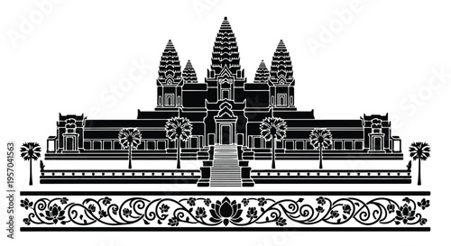 Black and white illustration of the Angkor Wat temple complex with intricate carvings and towers against a plain white background.