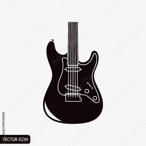 A solid black silhouette icon of an electric guitar is displayed against a plain white background for music design.
