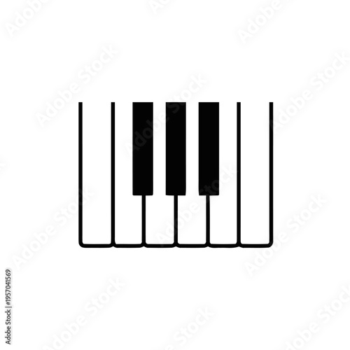 A minimalist line drawing depicts a segment of piano keys featuring three black keys bordered by white keys against a stark white background.