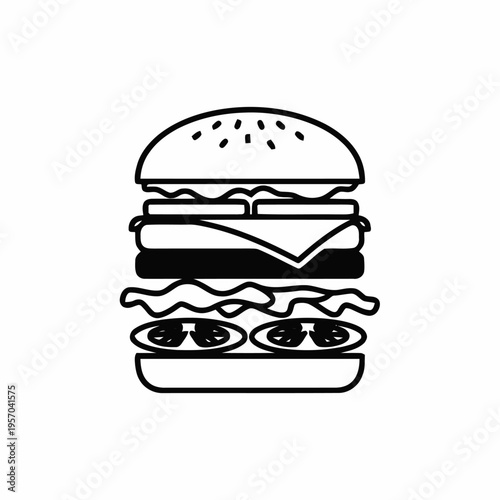 A thick, layered black and white outline icon clearly shows the components of a stacked hamburger including the bun, cheese, patty, and sliced tomatoes.