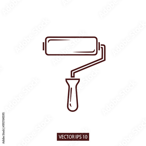 A minimalist line art drawing shows a paint roller tool with a handle and cylindrical applicator, suitable for home improvement or decoration concepts.