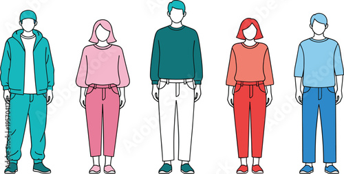 Faceless people standing in casual outfits modern flat illustration diverse men and women simple clothing style minimal character design