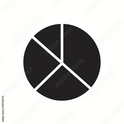 Solid black pie chart divided into three unequal segments represents data distribution and proportional statistical measurement on a white backdrop.