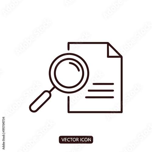 Magnifying glass icon hovers over a document with lines representing text, indicating detailed search or document analysis functions.
