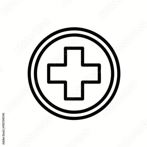 Simple black line icon shows a bold plus sign centered within two concentric circles, symbolizing first aid or hospital services.