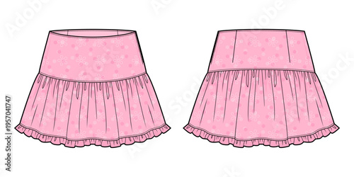 Pink Tiered Ruffle Mini Skirt Technical Fashion Illustration. Floral Textured Skirt Vector Template. Elastic Waist. Front and Back View. Women’s Apparel CAD Mockup