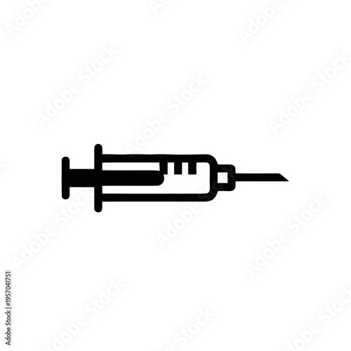 A black line art illustration depicts a medical syringe with a plunger and needle tip, presented horizontally against a plain white backdrop.