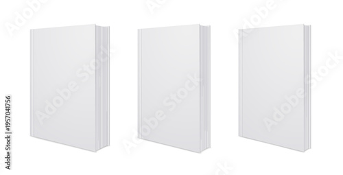 Blank vertical book cover. Thin, thick book mockup, isolated on white background.