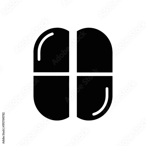 Black icon representing a pharmaceutical capsule divided into four distinct segments sits isolated on a white background for medical design.