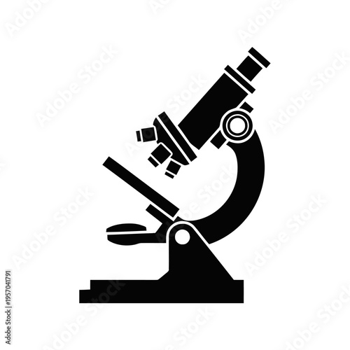 Black silhouette of a compound light microscope is presented in side profile, indicating microscopic examination or scientific discovery.
