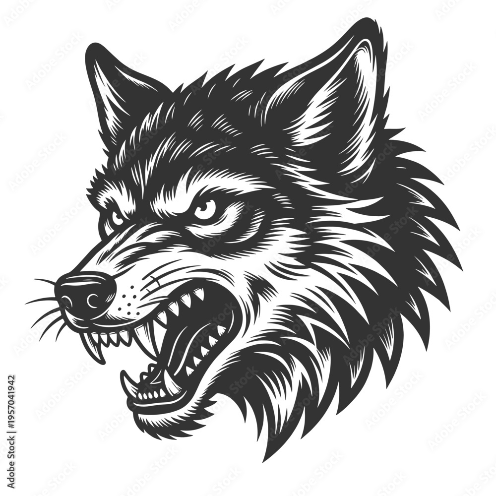 Fototapeta premium snarling wolf head with sharp teeth, symbolizing aggression, danger, strength, and wild animal instincts sketch engraving generative ai vector illustration. Scratch board imitation. Black and white.