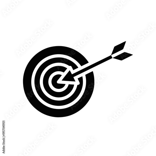 Solid black target symbol with an arrow hitting the center bullseye indicating successful achievement of a goal or aim.