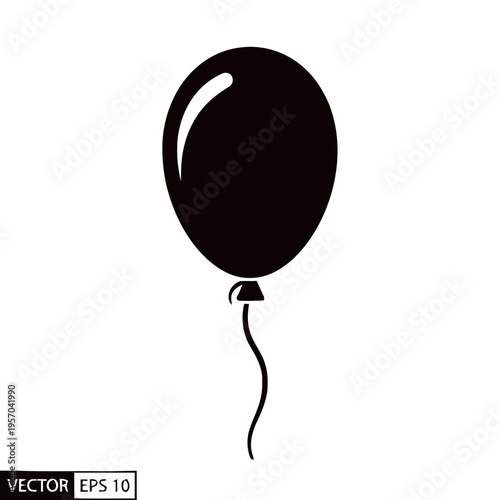 A black silhouette of an inflated party balloon floats upward, tethered by a single curved string trailing beneath it on white.