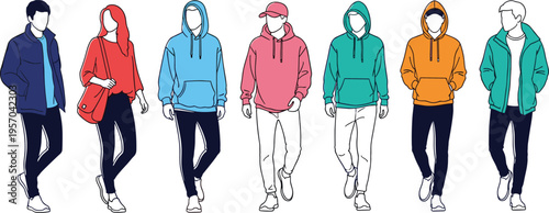 Faceless people walking in casual outfits streetwear fashion illustration diverse men and women hoodie style modern urban lifestyle characters
