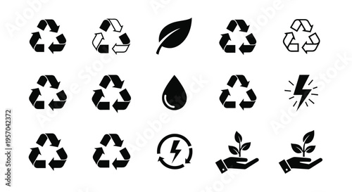Eco friendly icons set including recycling symbol leaf water drop lightning bolt and sustainable living graphics on white background