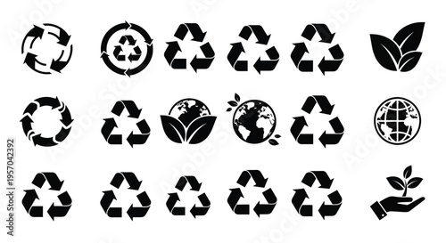 Eco friendly symbols and recycling icons on white background representing environmental conservation and sustainability