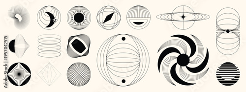 Mid century modern abstract geometric element set vector with line art shapes, circles, wave forms, and retro minimal compositions. Modern decorative design collection for branding, posters, covers.