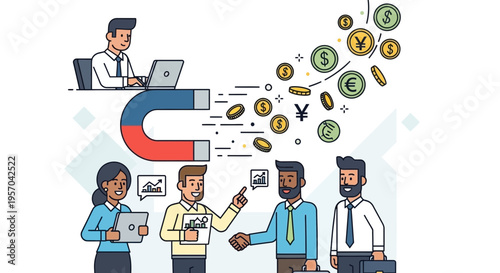 Business Professional Using Magnet to Attract Global Currency and Financial Growth