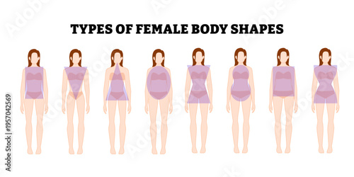 Different types of female body shapes types. Woman body shapes classification set collection. hourglass, pear, rectangle, apple, and inverted triangle. Female figures for fashion, beauty, clothing use