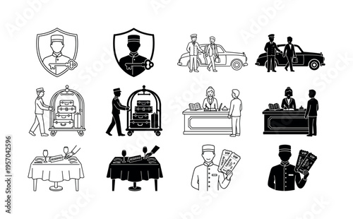 A set of hotel service icons. Includes concierge, reception, and bellhop staff. Vector illustrations for hospitality, travel, and luxury business concepts.
