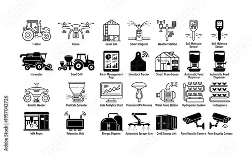 Set of smart farming and agriculture technology icons. Vector collection for agrotech, automation, and modern farming concepts. Includes tractor, drone, and robotic equipment.