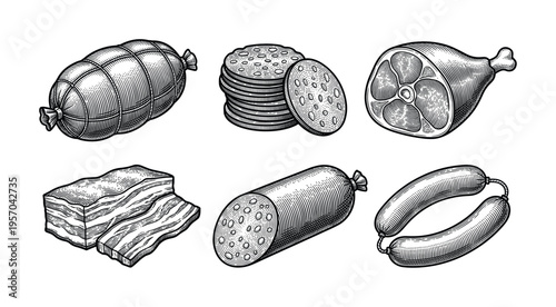 A set of vintage meat products: sausage, ham, bacon. Hand-drawn engraving style illustration for butcher shop branding, deli menus, or food packaging design.