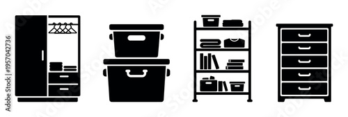 A set of furniture and storage icons. Wardrobe, boxes, shelves, and drawers in a simple black silhouette style. Ideal for organizing, decluttering, or home interior concepts.