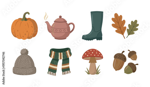 A charming set of cozy autumn icons. Hand-drawn vector illustrations include a pumpkin, teapot, and warm clothes for seasonal design, Thanksgiving, and fall decoration.