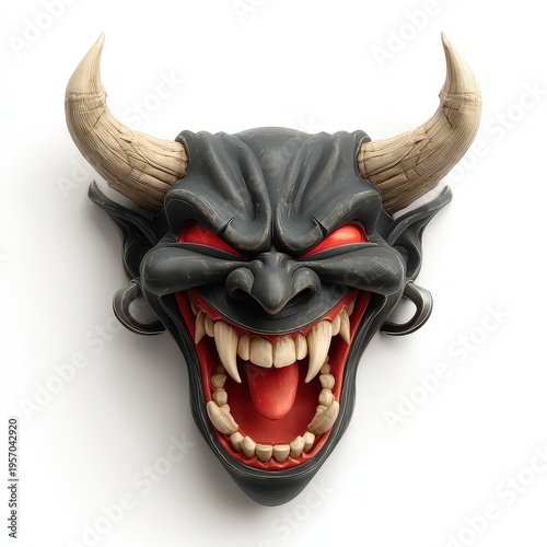 Fierce Oni Demon Mask with Horns and Sharp Fangs on White Background