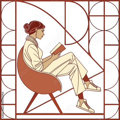 Woman sitting in chair reading book with red hair and beige outfit
