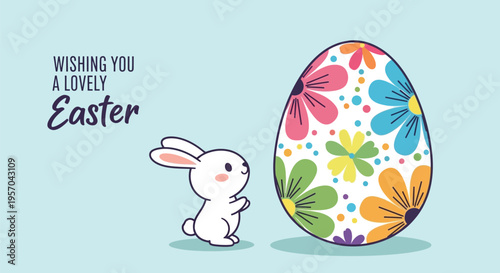 A white Easter bunny standing next to a large colorful Easter egg with a floral pattern on a light blue background with a wishing you a lovely Easter message