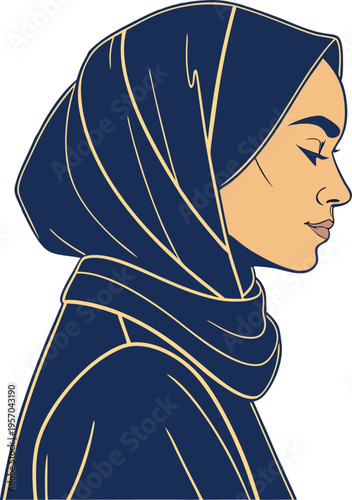 Woman wearing blue hijab with gold lines