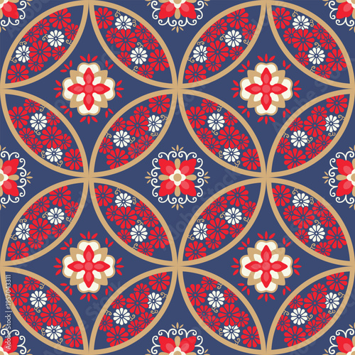 Japanese Luxury Circle Flower Vector Seamless Pattern
