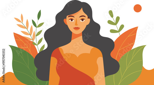 Woman with long black hair and orange dress surrounded by leaves